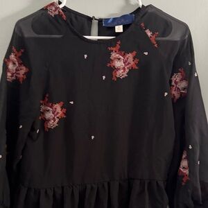 Blue Rain Black Floral Embroidered Peplum Blouse